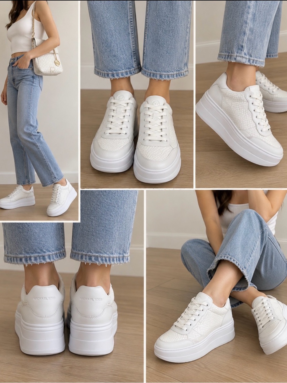 Michael Kors Hayes Snake Embossed Platform Sneaker White